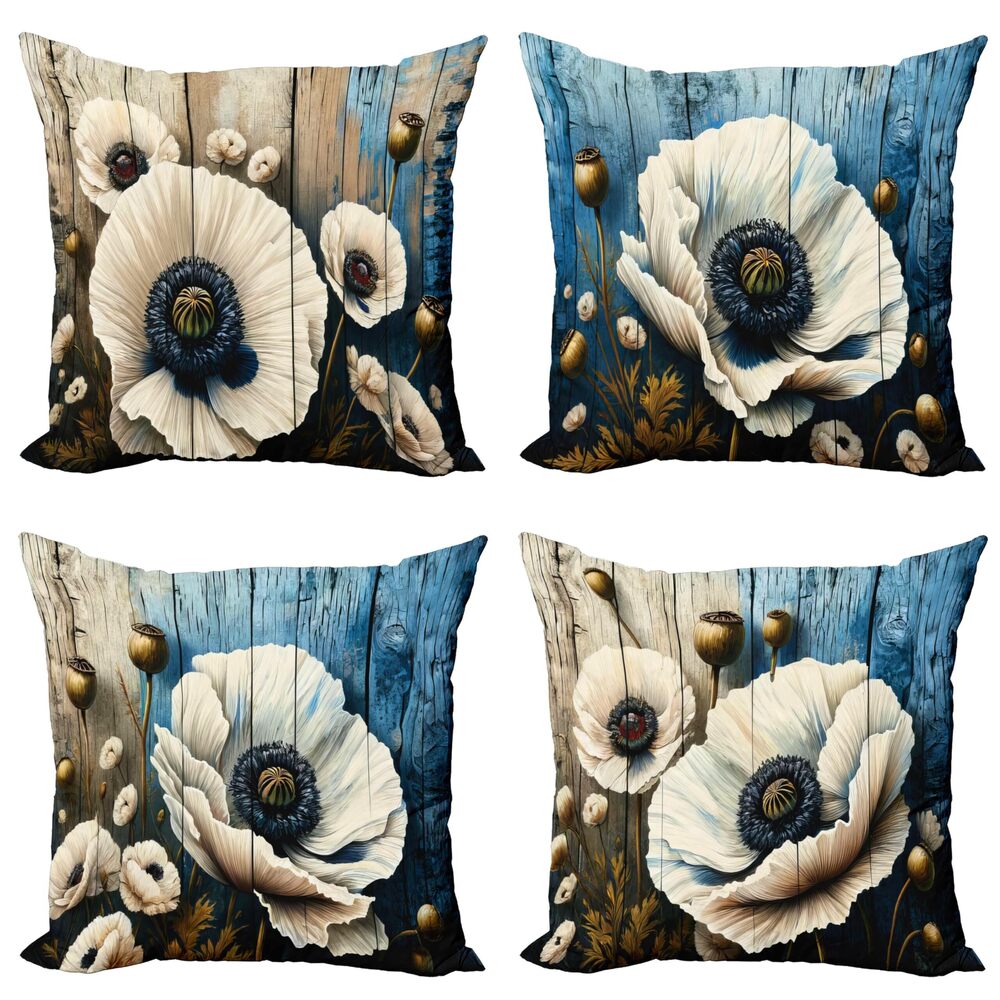 9837 Flower Throw Pillow Cushion Cover Set of 4, Rustic Floral Motif